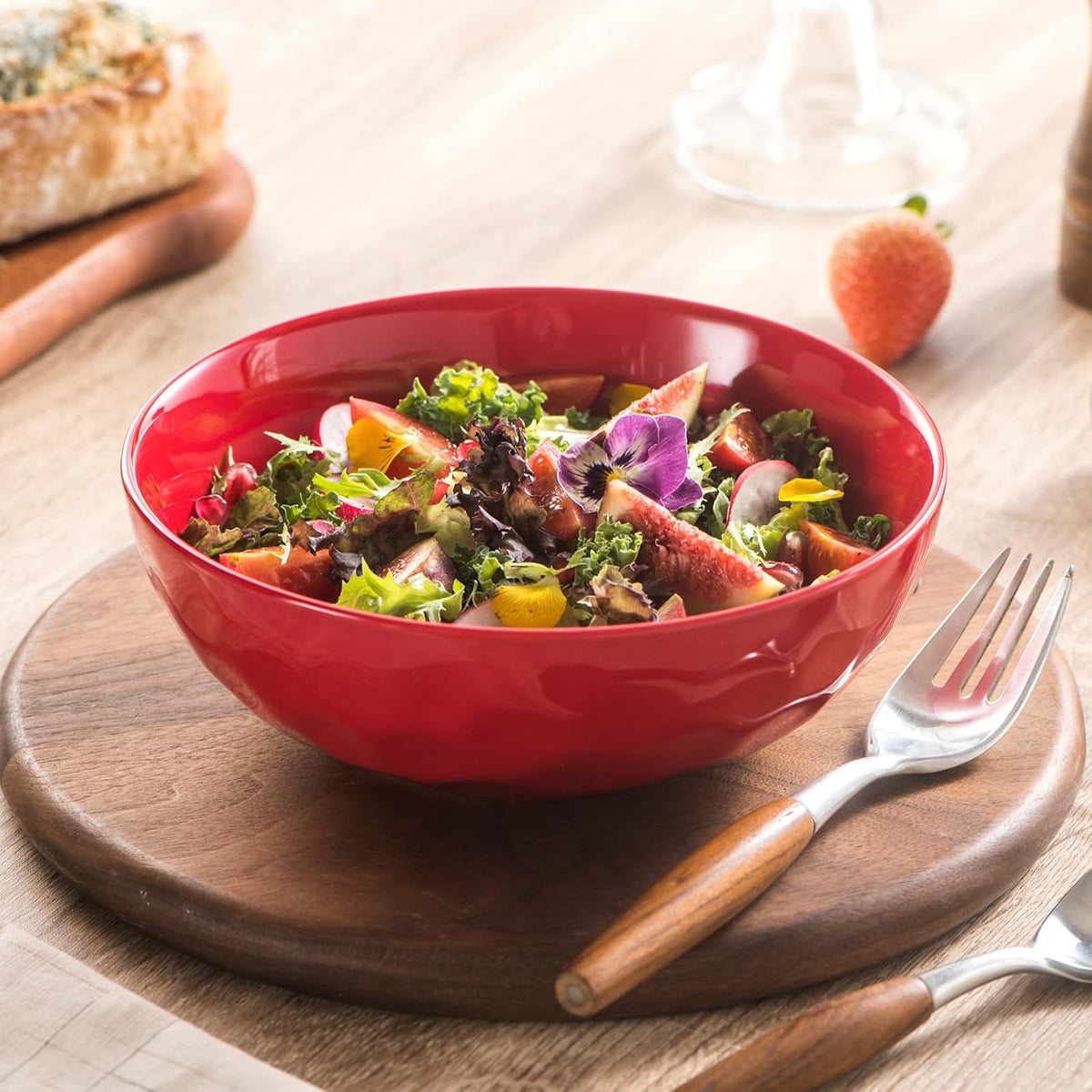 Vicrays Ceramic Pasta & Soup Bowls, Large Salad Bowls - Set of 6 Red, Fluted Stoneware, Dishwasher & Microwave Safe