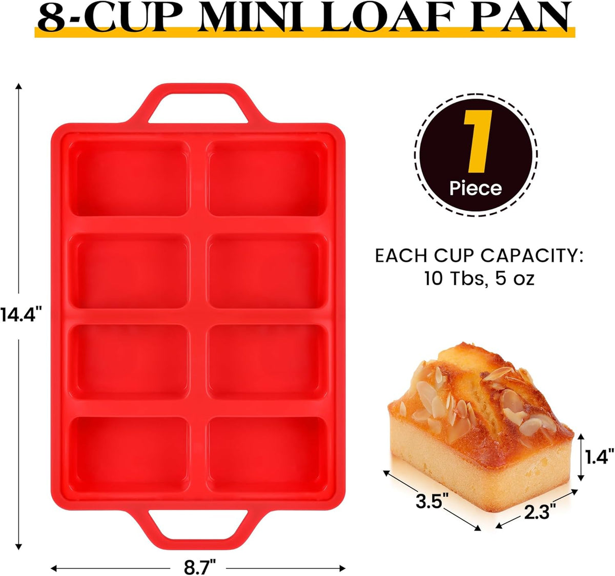 1 Pc Mini Loaf Pans Silicone, Nonstick Small Bread Pans for Baking, Tiny Meatloaf Pan with Metal Reinforced Frame 8 Cavity (Red)