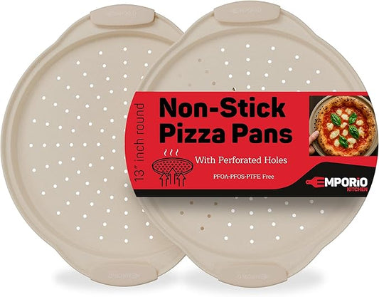 Non-Stick Pizza Pan with Silicone Handle 2 Pack, 13 Inch Round Carbon Steel Tray with Perforated Holes, Dishwasher & Oven Safe Up To 450°F, PFOAPFOSPTFE Free, Durable Nonstick White Marble Coating
