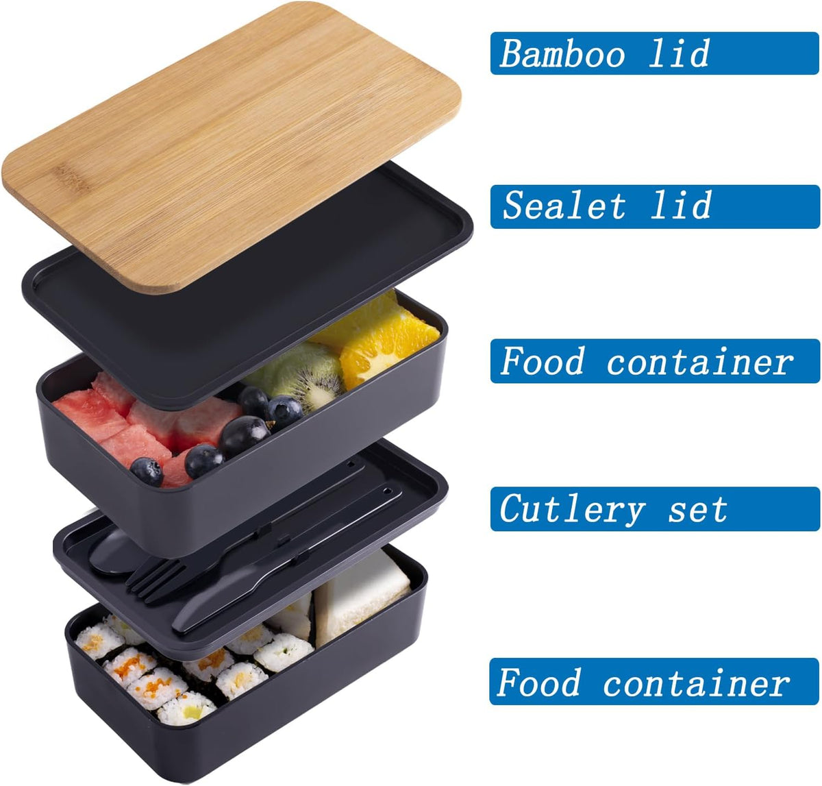 Japanese Bamboo Bento Box with Compartments and Utensils Stackable Lunch Box Includes Lunch Bag for Meal Prep Black