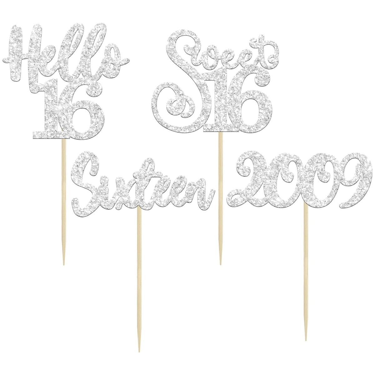 Gyufise 24Pcs 16th Birthday Cupcake Toppers Silver Glitter Hello 16 Sweet 16 Cupcake Picks 2009 16th Birthday Cake Decorations for Celebrating 16th Birthday Anniversary Party Supplies