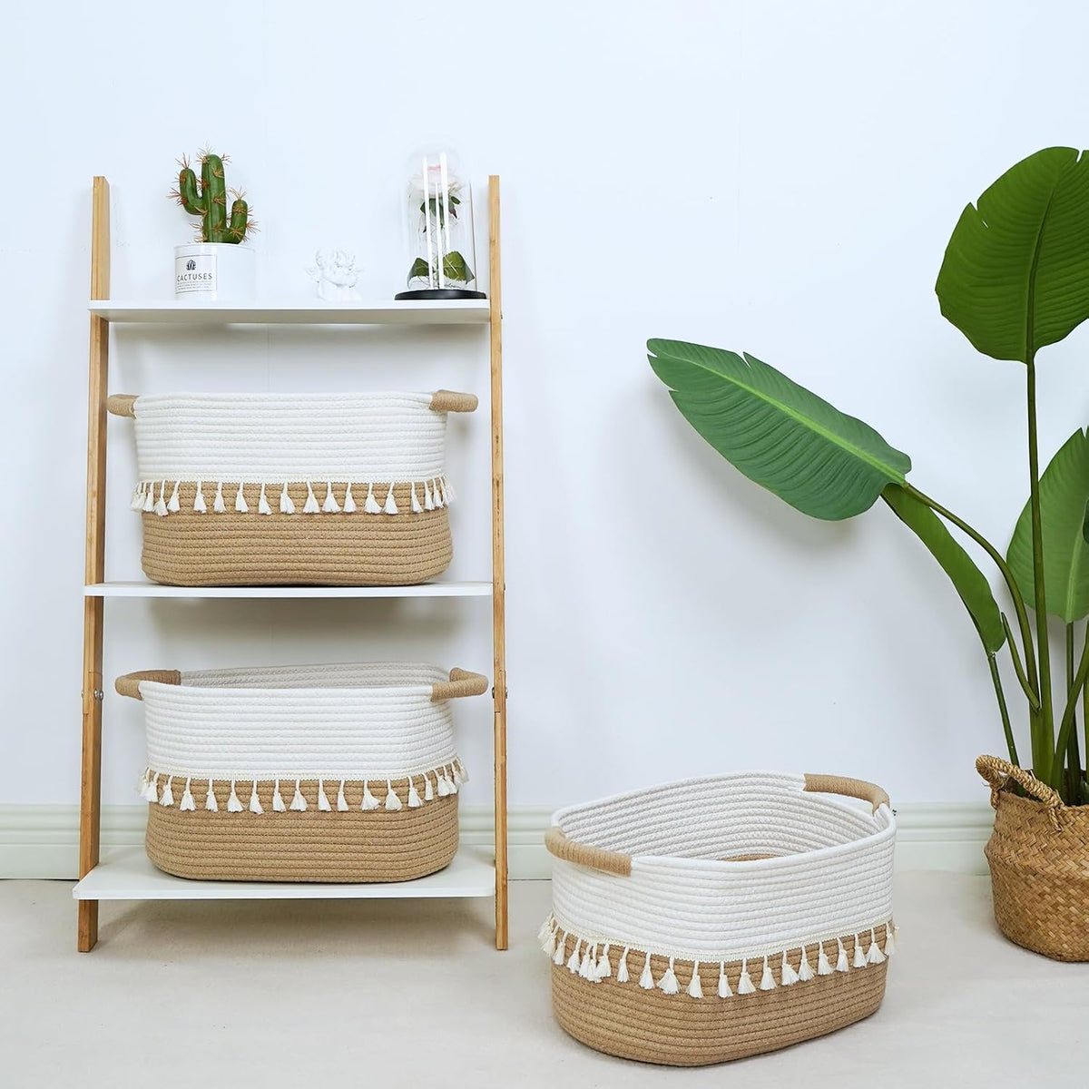 TeoKJ Woven Storage Bin Set of 3, Cotton Rope Basket for Storage, Clothes Boho Basket Bin for Organizing, Fabric Basket for Books, Plants, Pet Treats, White & Jute