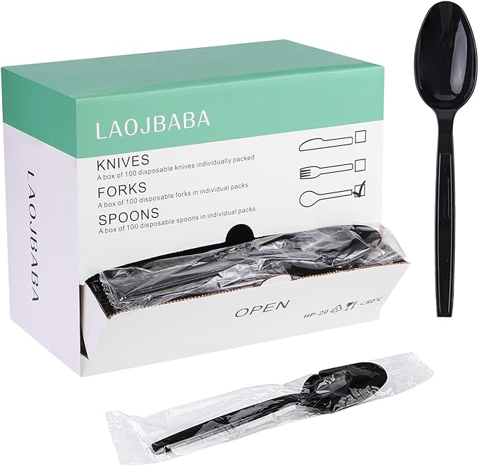 Plastic Spoons Disposable Individually Packaged Spoons Black 7-Inch Commercial Take Away,Super Hard Mass Heavy Individually Wrapped 100 PCS