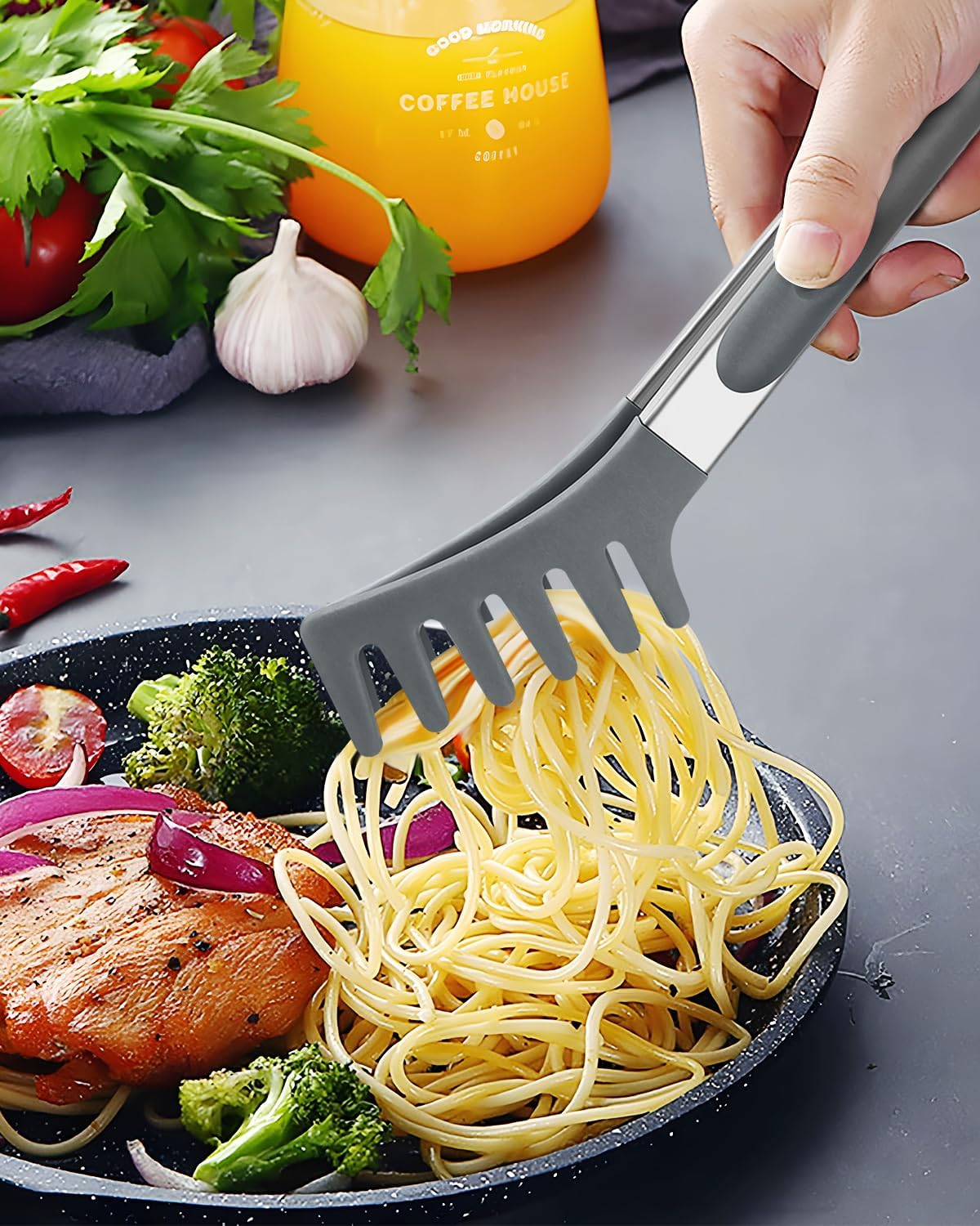 Spaghetti Spoon and Pasta Tong, Non-stick Silicone Spoon Server Fork With Teeth and Stainless Steel Handle, Food Clip for Noodles (Grey)