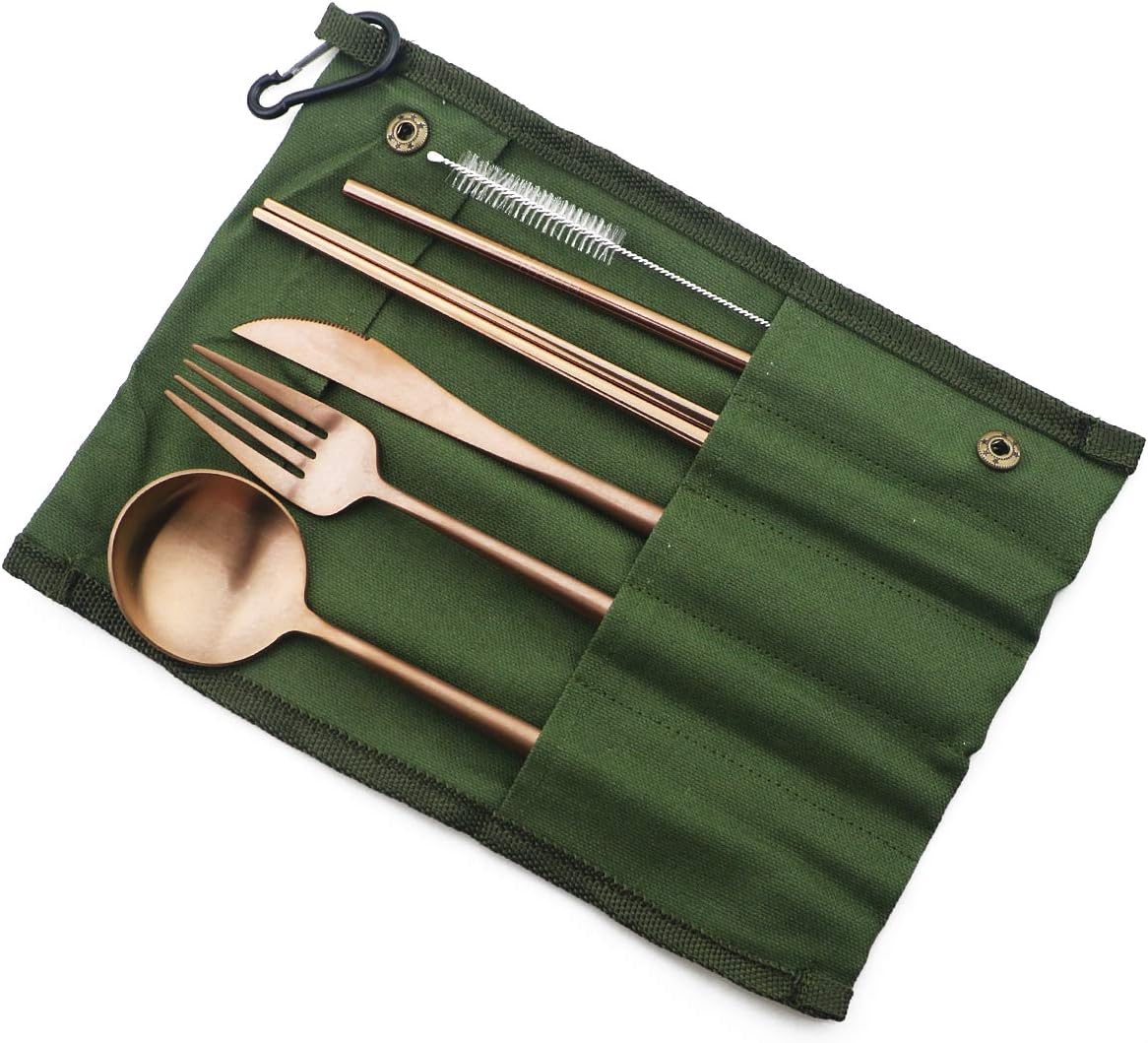 Gugrida Reusable Travel Utensils, 7 Piece Portable 304 Stainless Steel including Knife Fork Spoon Chopsticks Cleaning Brush Straws Portable Pouch, Eco-friendly Camping Silverware Set, Dishwasher Safe
