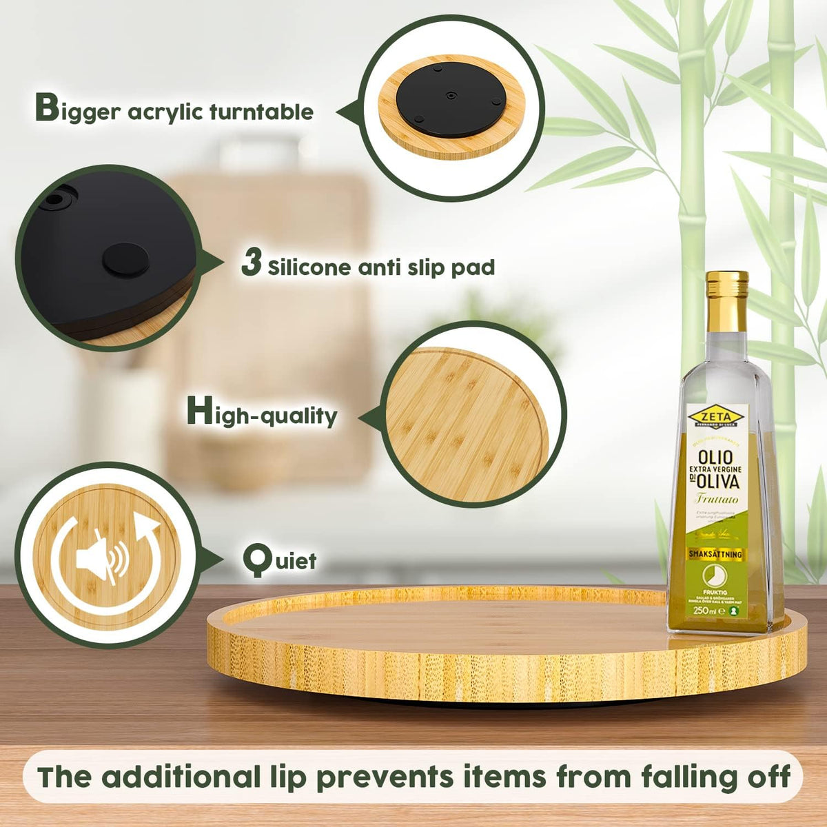 Lazy Susan for Table, 12 Inch Non-Skid Bamboo Turntable Organizer for Salt Pepper Spices and Olive Oil Next to Stove, Wooden Lazy Susan Organizer for Kitchen Countertop Organizer