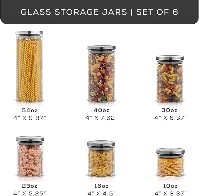 JoyJolt Kitchen Canister Set. 6 Glass Jars with Lids (Stainless Steel) Lids. Airtight Food Storage Containers for Pantry or Counter. Versatile Pantry Organization, Sugar Container or Cereal Canisters