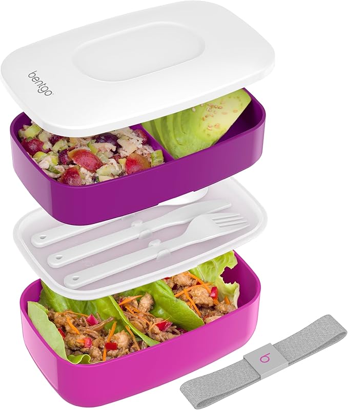Bentgo Classic - Adult Bento Box, Stackable 3-Compartment Lunch Box with Removable Utensil Set and Sealing Strap, BPA-Free, Food Container Ideal for Meal Prep, Work, and On the Go (Purple)