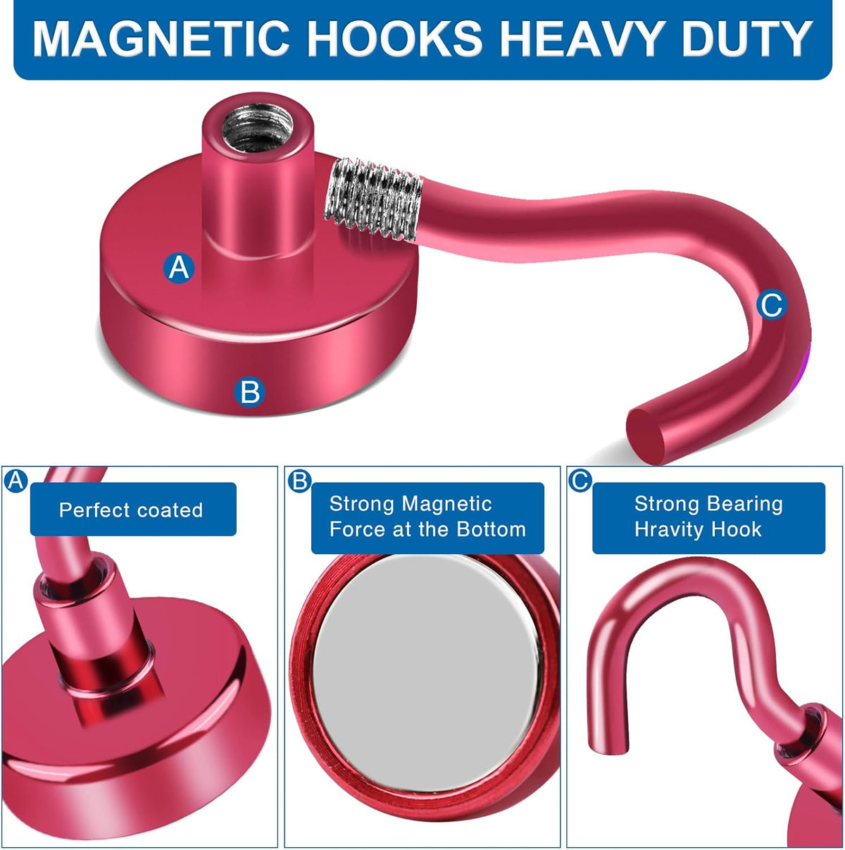 LOVIMAG Cruise Ship Essentials - 150Lbs Heavy Duty Hooks, Red Magnetic Hooks for Cruise Cabins - 12 Pack