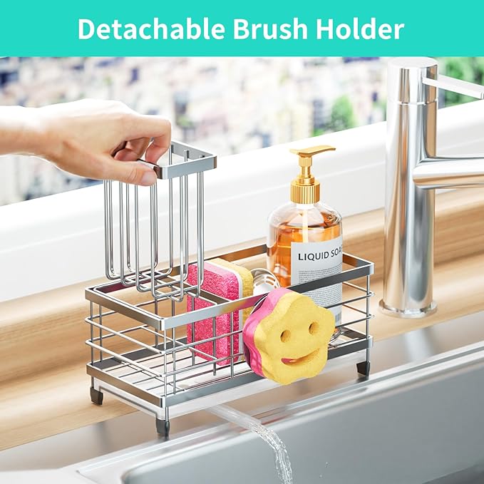 HapiRm Sponge Holder for Kitchen Sink - Self-draining Sink Caddy with Smiley Face and Brush Holder, Stainless Steel Kitchen Organizer for Countertop - Silver