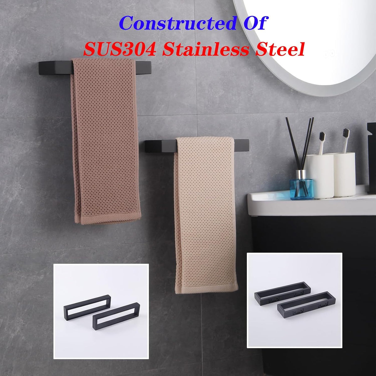 GERZWY Modern Black Towel Holder Stainless Steel Towel Ring for Bathroom Lavatory Wall Mount Contemporary Style 2 Pack HG1716-2BK