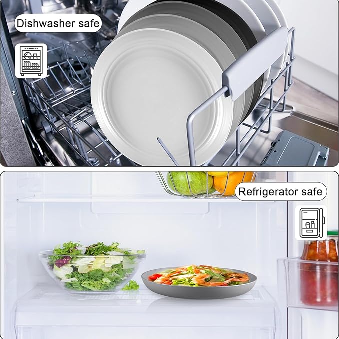 12 Pcs Unbreakable Deep Dinner Plates Set, 9 inch Reusable Plastic Wheat Straw Plates, Microwave and Dishwasher Safe Plate for Kitchen, Lightweight Plate for Dessert, BPA Free, White Gray