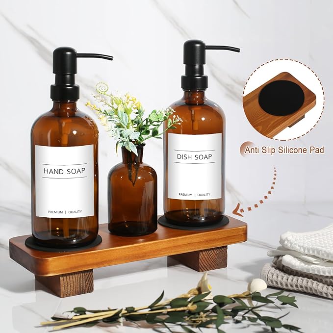 Kitchen Soap Dispenser Set with Wood Riser Tray, Amber Glass Soap Dispenser with Stainless Steel Pump, Hand and Dish Soap Dispenser Set for Kitchen, Soap and Lotion Dispenser Bathroom Decor(Amber)