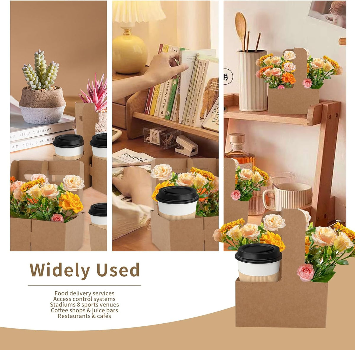 100 Pcs Coffee Drink Carrier with Handle (12-30oz) 2 Cups or 4 Cups,Disposable Paperboard Cup Holder with Handle,Disposable Cup Holders for Drinks,Great for All Your Drink and Food Delivery