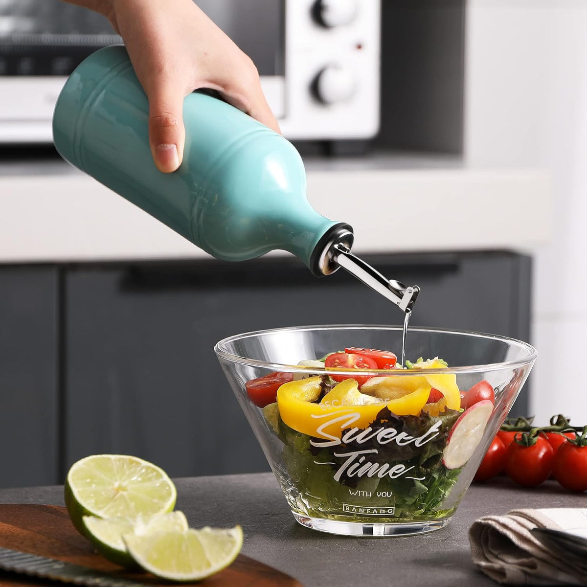 Sweejar Ceramic Olive Oil Dispenser Bottle, Opaque Oil Cruet Protects Oil to Reduce Oxidation, Suitable for Storage Oil, Vinegar, Coffee Syrups & Other Liquids, Pack of 1, 15.5 Fl Oz (Turquoise)