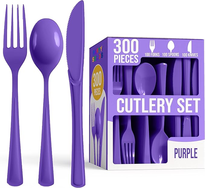 Party Solids Purple Plastic Silverware Heavy Duty 300 Pieces Purple Plastic Cutlery Sets, Utensil Sets, 100 Of Each Forks, Knives & Spoons Disposable Cutlery Set, Flatware Set For Party Supplies