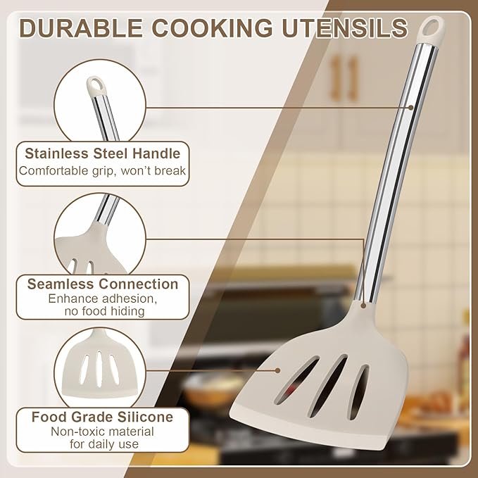 8 Pieces Kitchen Utensils Set, Vayvnt Silicone Cooking Utensils Set for Non-Stick Cookware, Stainless Steel Handle, Heat Resistant Kitchen Gadgets Includes Large Spatula Tongs, Dishwasher Safe, Khaki