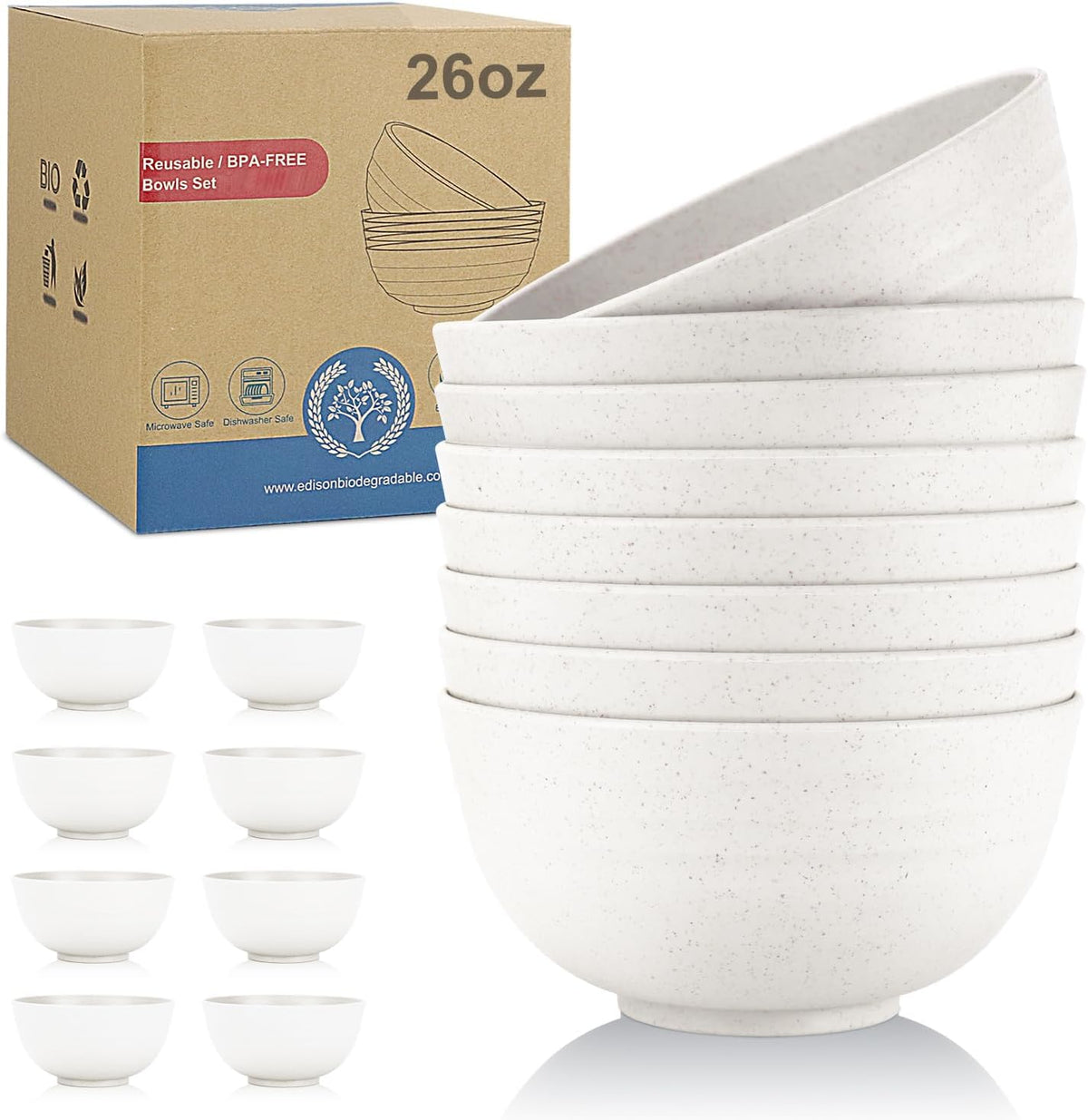 Wheat Straw Bowls Set of 8, Unbreakable White Cereal Bowl 26OZ, Microwave and Dishwasher Safe Oatmeal Bowls, Kitchen Bowl Suitable for Cereal,Salad,Snack (White)