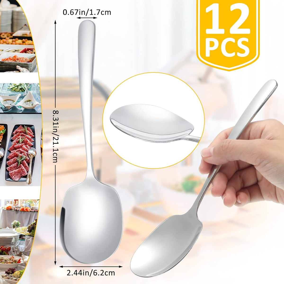 12 Pcs Stainless Steel Serving Spoons Set for Buffet, 8.3 Inches Large Serving Utensils Dishwasher Safe Metal Polished Buffet Spoons for Food Cooking Catering Kitchen Banquet Restaurant Home