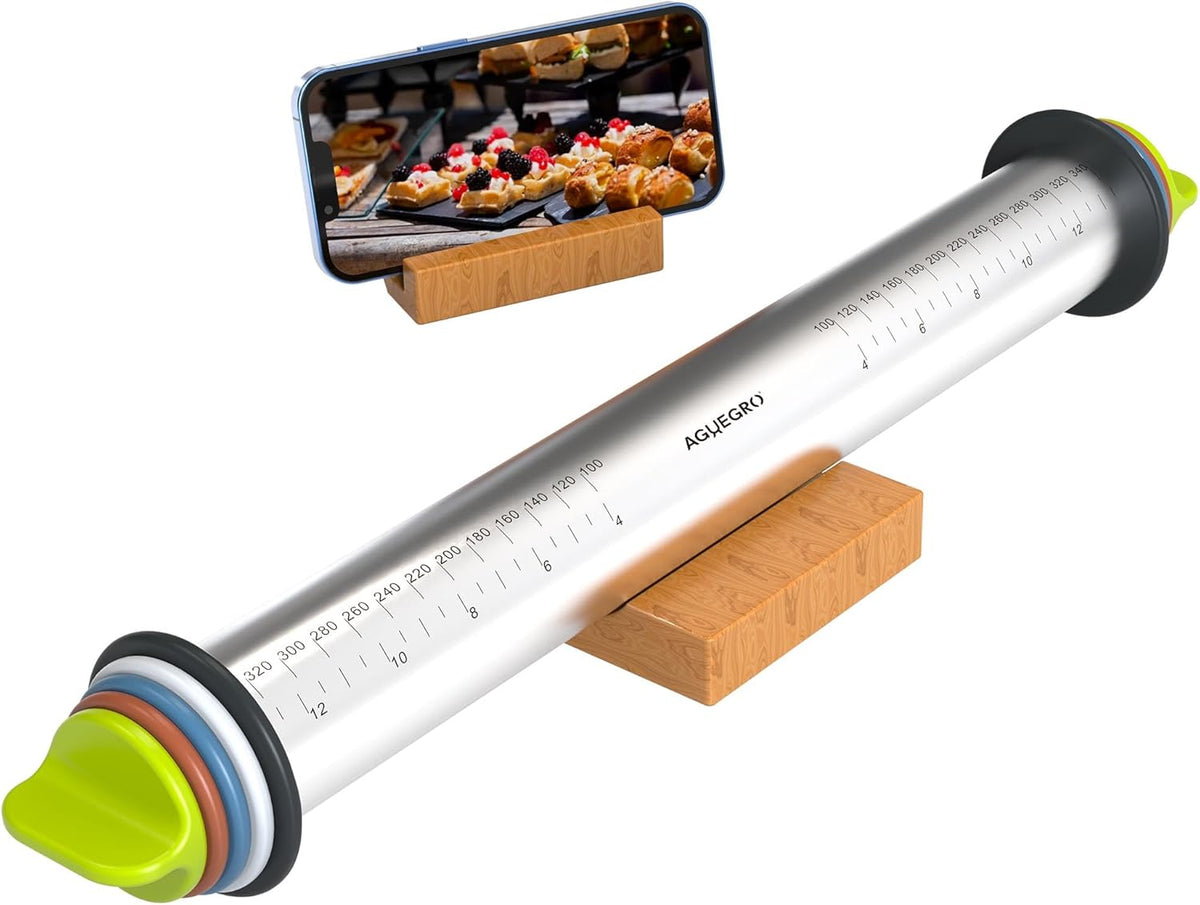 Stainless Steel Rolling Pin with Thickness Rings and Wooden Stand Dough Thickness for Baking, Fondant, Pizza, Pie Crust, Cookies, Pastries, 13.6" Rolling Pin with 4 Multi-Color Thickness Rings