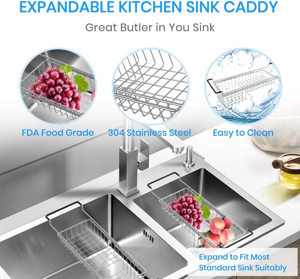 Sink Caddy Sponge Holder Kitchen Sink Organizer Sponge Caddy Expandable 16.06" to 21.02" Farmhouse In-sink Accessories for Rag Detergent Brush Dish Washing Liquid Rack, Stainless Steel