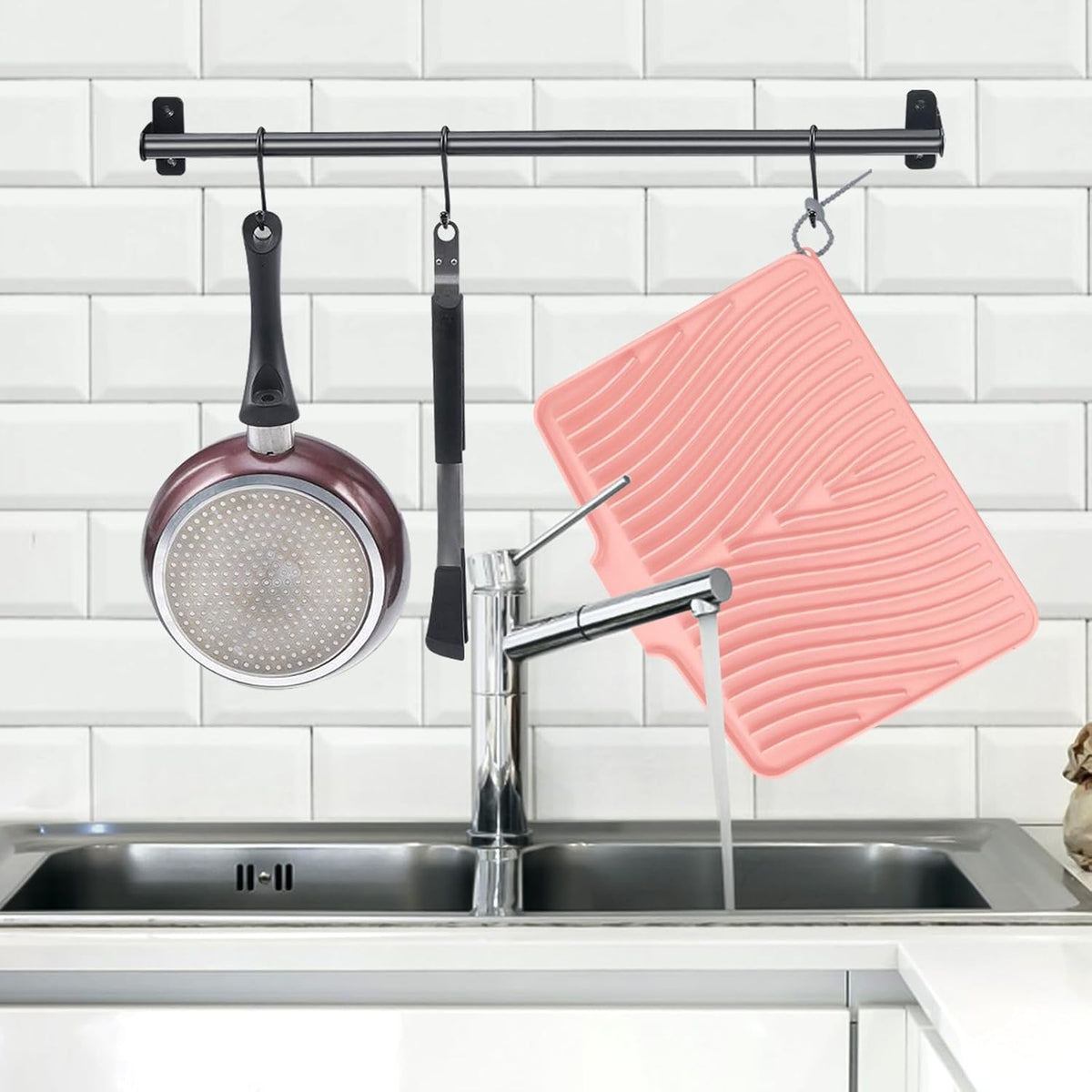 Silicone Dish Drying Mat for Kitchen Counter, Dish Drying Pad, Non-Slip Drain Pad with Built-in Drain, Heat Resistant Stone Drying Mat(15.8" x 13", Pink)