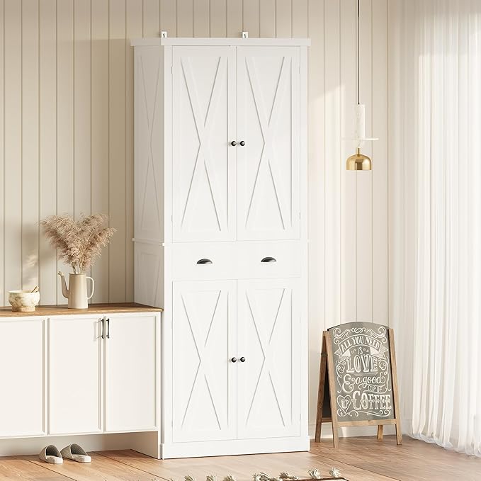 IRONCK Kitchen Pantry Storage Cabinet 83.9" H, with Barn Doors, Drawer, 4 Adjustable Shelves, Freestanding Cupboard for Dining Room Living Room, Laundry, White