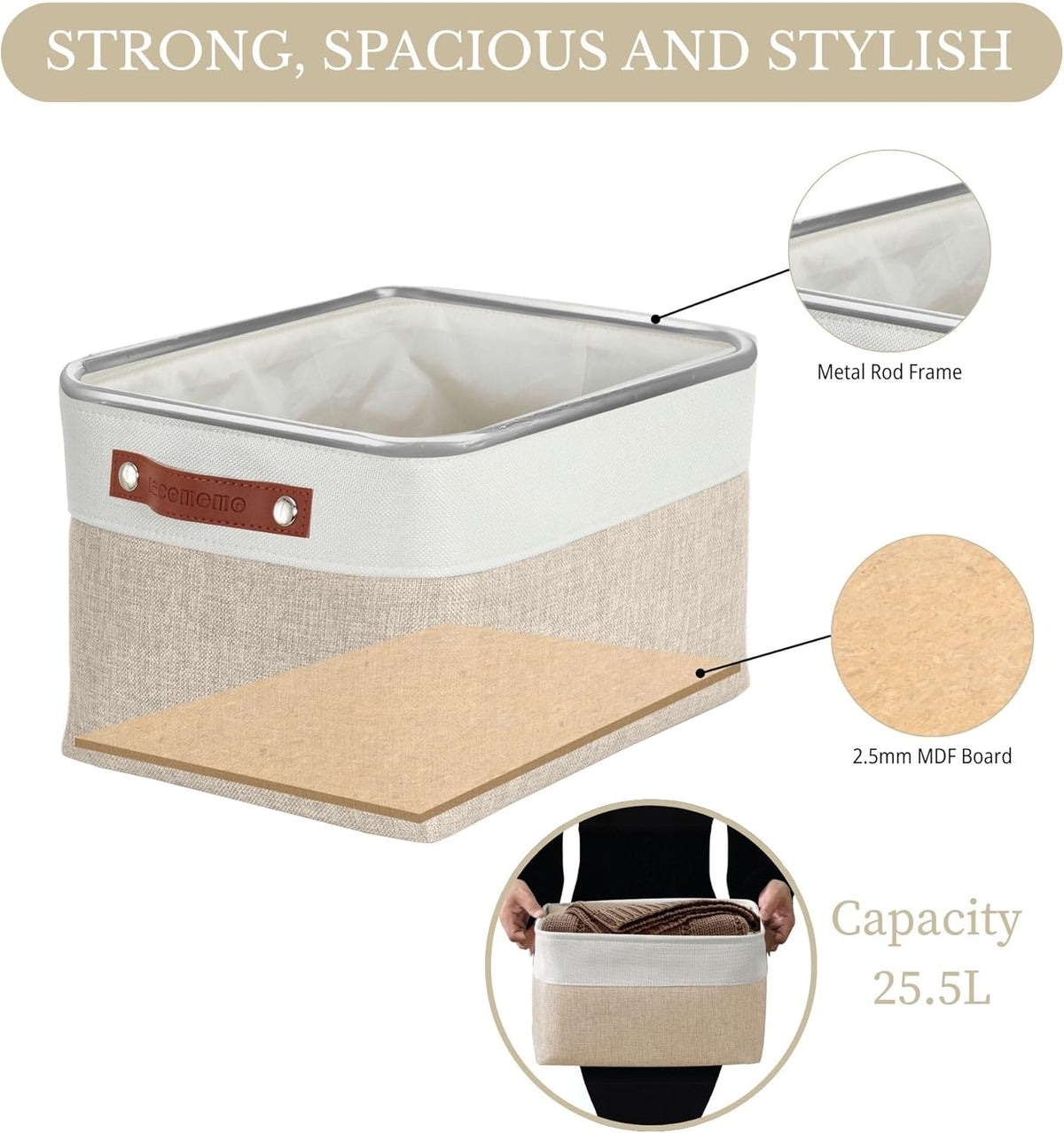 DECOMOMO Storage Baskets for Shelves - Fabric Storage Bins, Linen Closet Organizers and Storage (Beige & White, Large - 3 Pack)