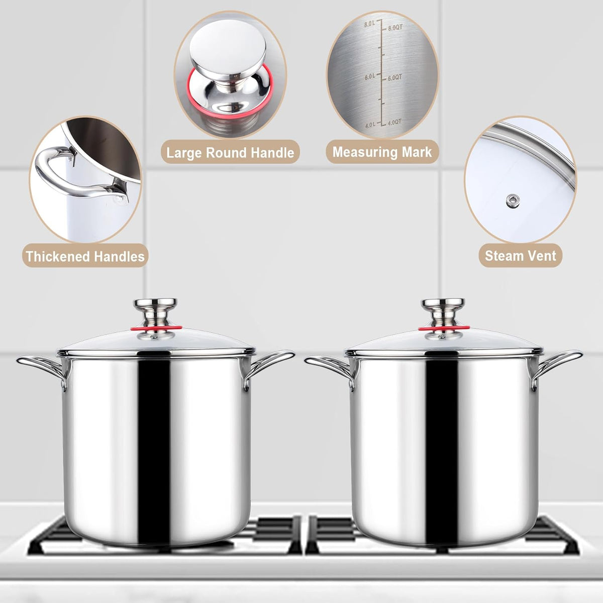 LIANYU 10 Quart Pot with Lid, 10QT Tri-Ply Heavy Duty Stock Pot, 18/10 Stainless Steel Stockpot, Canning Pasta Cooking Stockpot for Induction, Gas&Electric Cooktops, Visible Lid