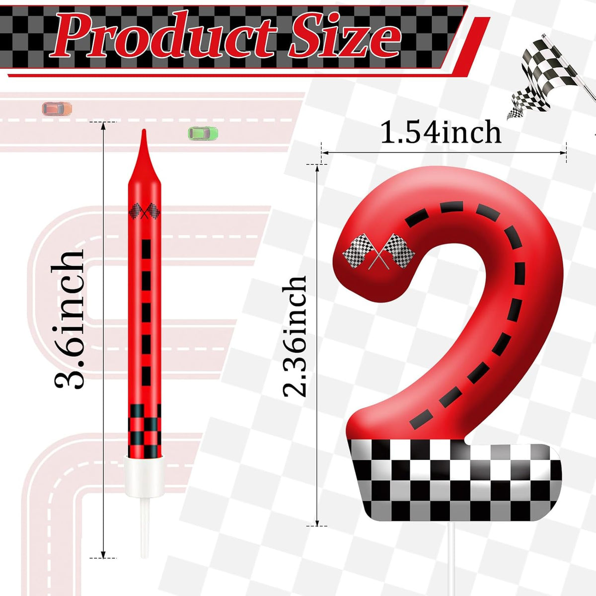 13PCS Racing Car Theme Birthday Candle Set with Checkered Flag Design - Durable Cake Topper for Race Car Party Decorations, Kids Birthday Supplies - Number 2 Candle for Racing-Themed Celebrations