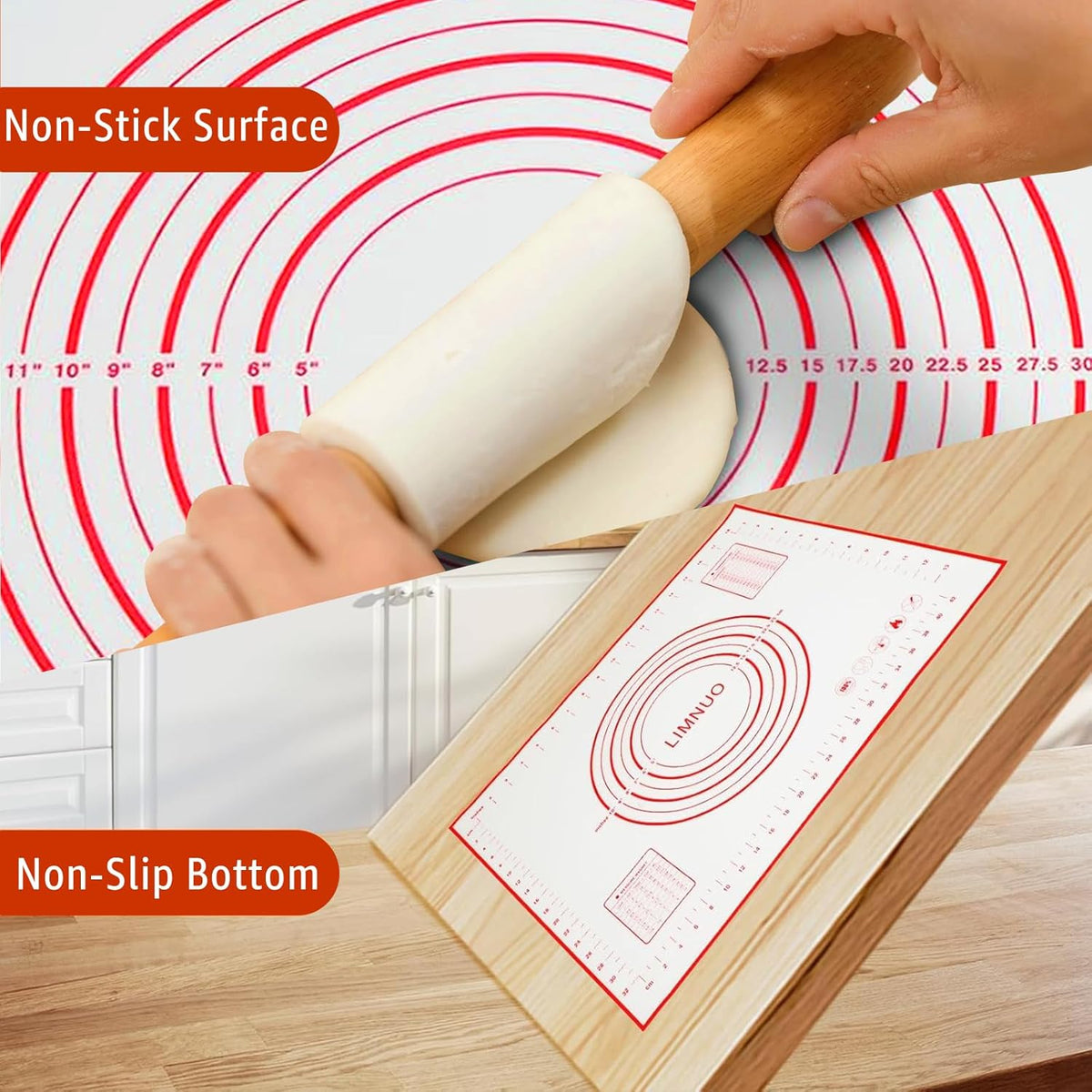 Silicone Baking Mat - Non Stick Pastry Mat Sheet for Dough Rolling, 0.7MM Thick Non-slip Baking Mat With Measurements, Reusable, Easy Clean Silicone Mats for Kitchen Counter (Black)