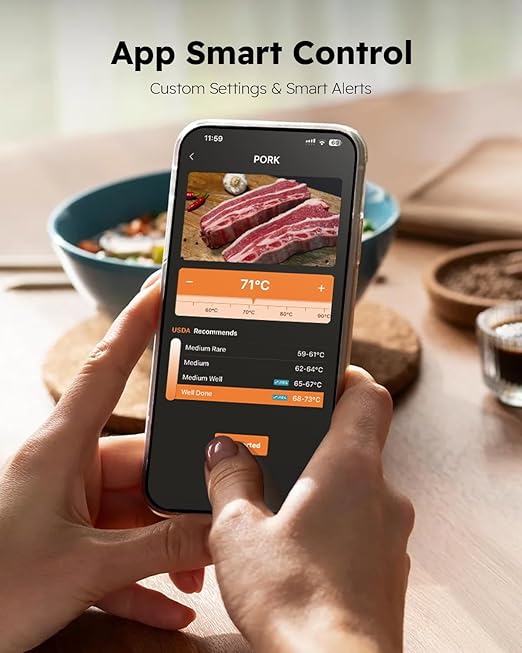 Wireless Meat Thermometer with App Control, 600FT Bluetooth Range, Dual Probes & 6 Sensors, 0.5S Instant Read, LCD Display, IP67 Waterproof Real-Time Monitoring & Smart Alerts for BBQ, Grill, Oven