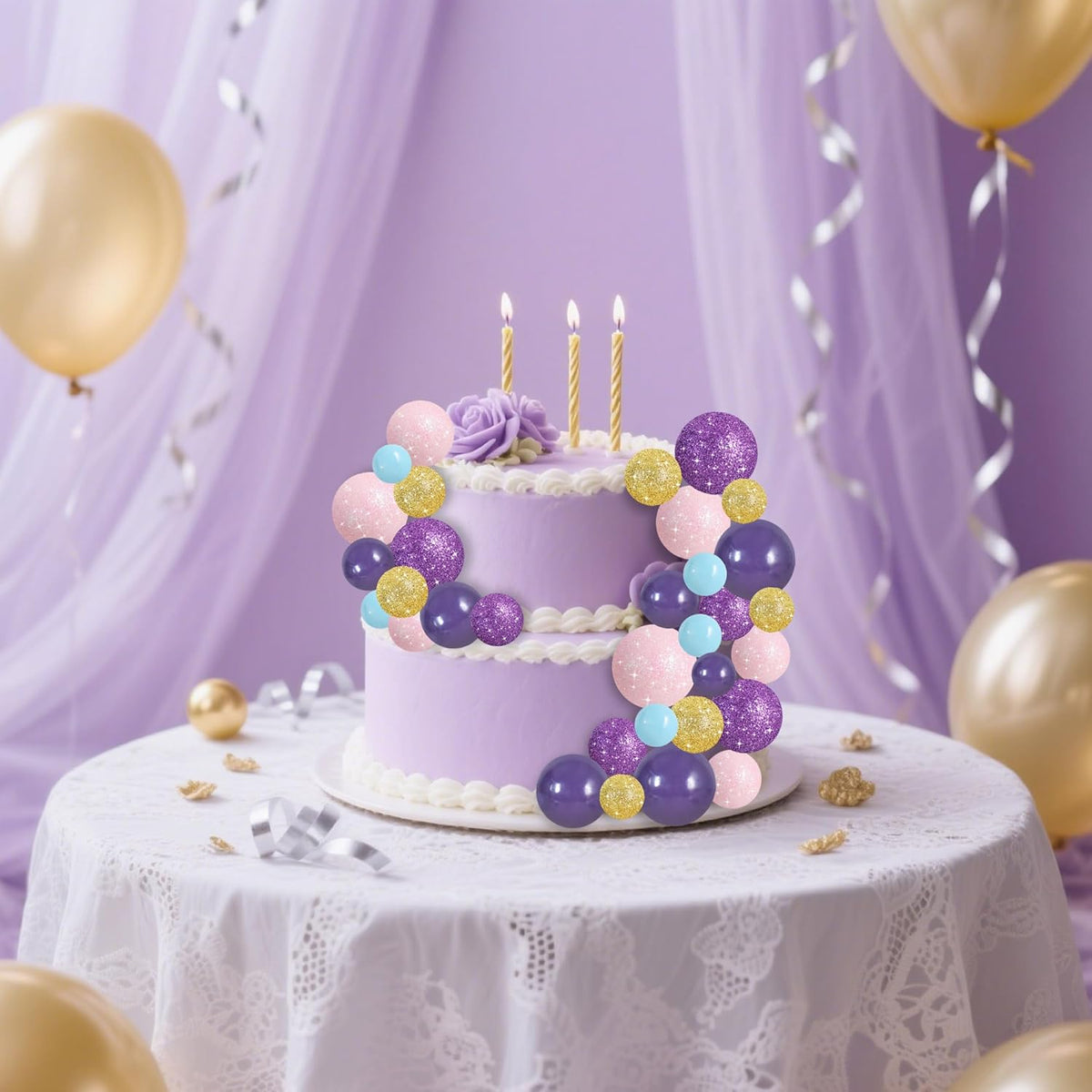 BEISHIDA 40 Pcs Foam Ball Cake Toppers with Sticks Mini Cake Decorations for Birthdays, Weddings, Baby Showers, DIY Baking Supplies, Anniversary Party (Purple, Rose, Gold, Blue)