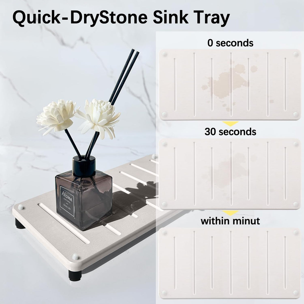 2PCS Water Absorbing Stone Drying Mat for Bathroom Sink & Kitchen Counter Organizer, Instant Dry Soap Dispenser Sponge Holder, Sink Caddy, Vanity Tray (10"x5"-White)