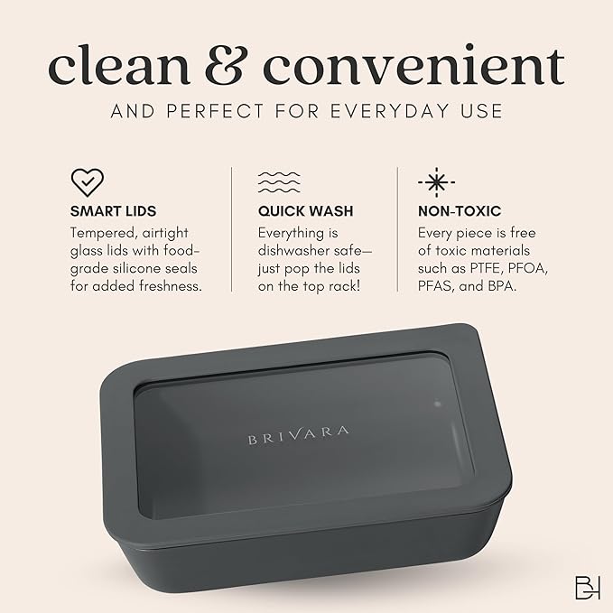 Ceramic Coated Glass Food Storage Container | No PTFE, PFOA, PFAS, and BPA | Reusable Non Toxic Meal Prep Container with Glass Lid | Easy To Store | 11 Cup Rectangle [Onyx]