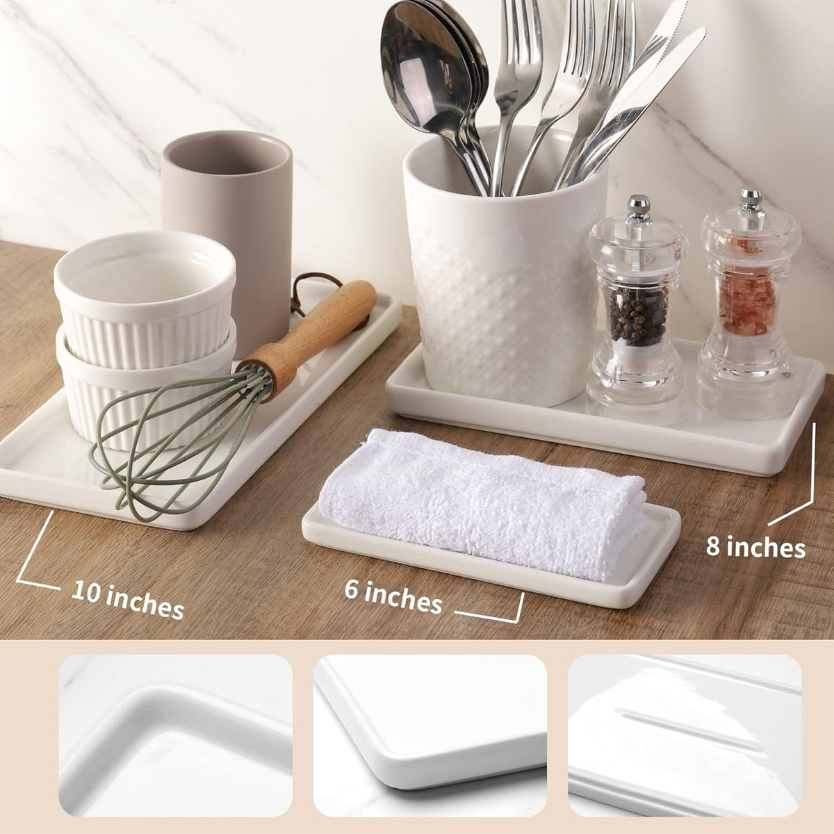 Gurygo 6" Small Ceramic Bathroom Tray for Kitchen Counter - Rectangle Ceramic Sink Tray for Bathroom Counter - Porcelain Dispenser Organizer for Kitchen Bathtub Counter, White