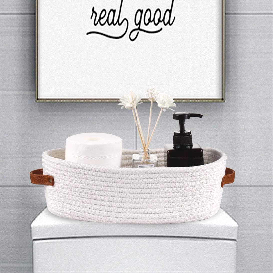 2 Pack Woven Storage Basket for Toilet Tank Top,Farmhouse Home Decor Organizing Baskets for Bathroom,Table and Counter 13"x5.9"x4" White