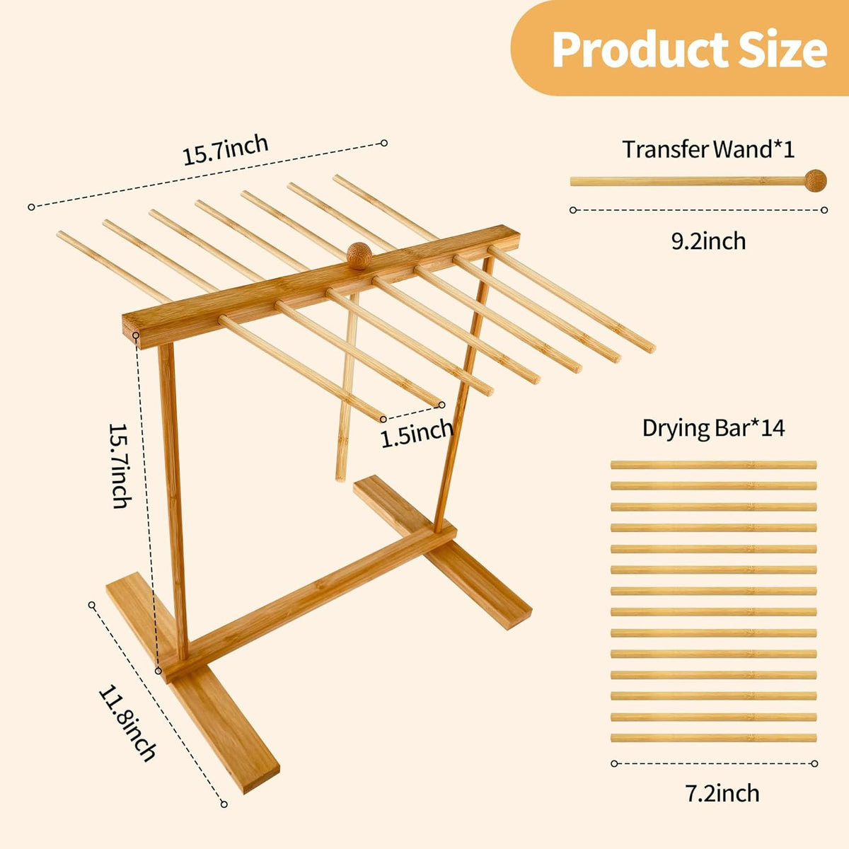 Bamboo-Pasta-Drying-Rack With Transfer Wand & 14 Arms, Large Tall Collapsible Fresh Pasta Dryer Holder For Homemade Noodle, Spaghetti, Tagliatelle, Detachable Fettuccine Hanger Stand With 14 Bars