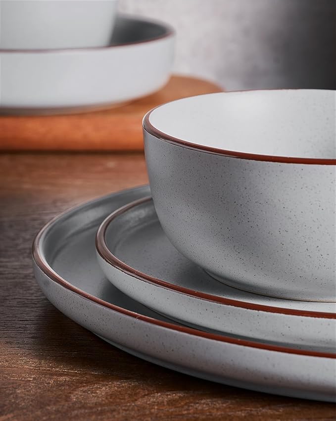 Famiware Mercury Plates and Bowls Sets, 18 Pieces Stoneware Dinnerware Sets, Dishes Set for 6, Microwave and Dishwasher Safe, Light Grey