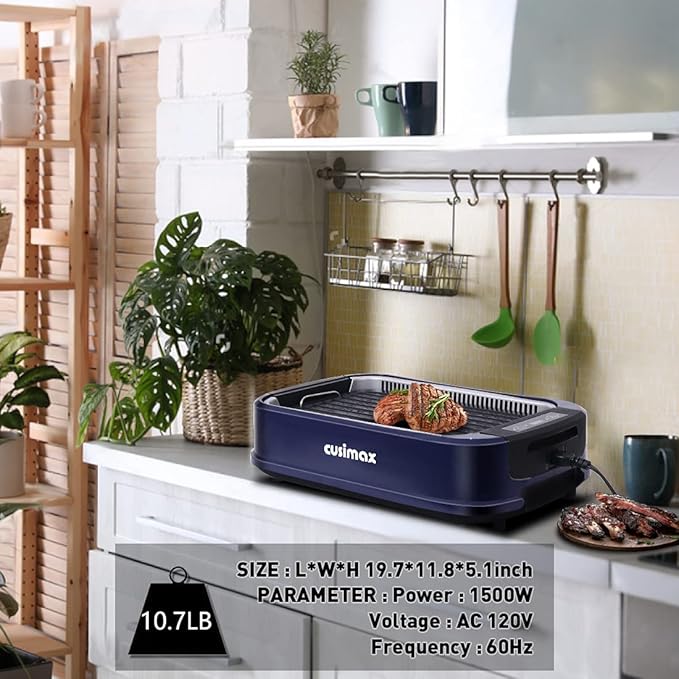 Electric Indoor Grill Griddle, CUSIMAX Smokeless Grill, Portable Korean BBQ with Turbo Smoke Extractor Technology, Non-stick Removable Plate & Griddle Plates