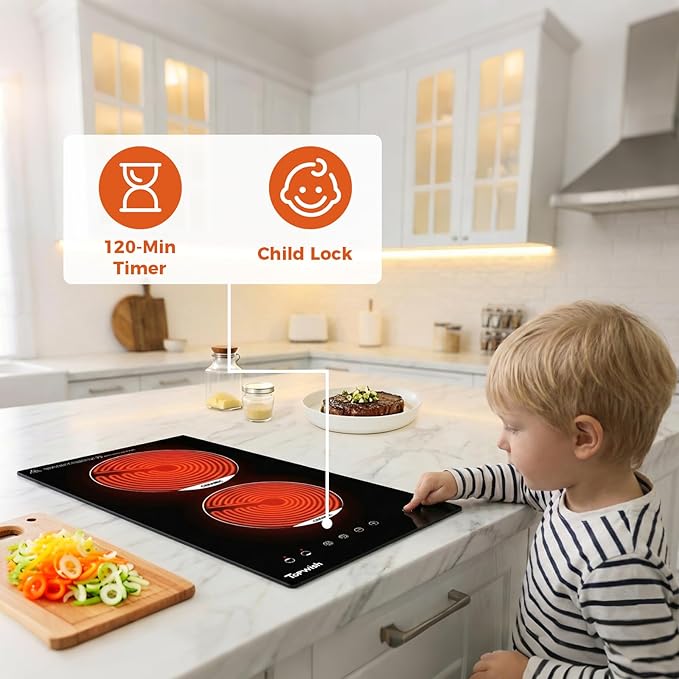TOPWISH 12 Inch Electric Cooktop, 2 Burners Built-in Electric Stove Top Hot Plate, Drop-in Ceramic Cooktop Kitchen Stoves with Touch Control, Safety Lock, Timer, Overheat Protection, 120V Plug in
