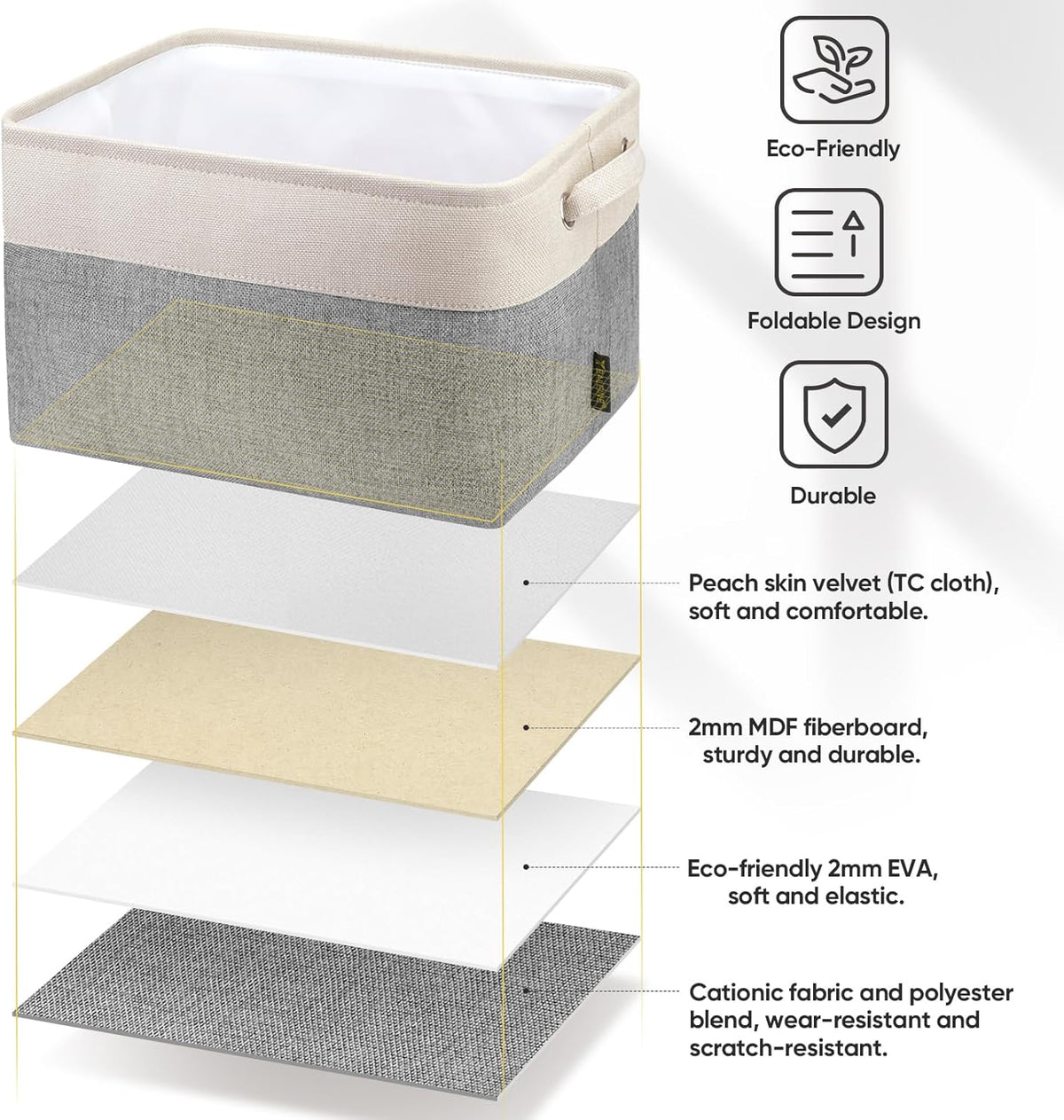 BALEINE 4 Pack Fabric Storage Bins for Shelves, Linen Storage Baskets for Organizing, Decorative Closet Bins for Clothes, Home (Grey, 12"x8"x8")