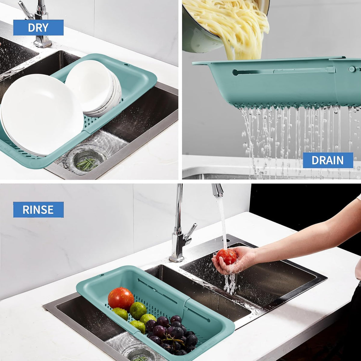 LASSHSWA Collapsible Colander and Strainer for Kitchen, Over the Sink Strainer Basket for Kitchen, Fruit Pasta Food Strainer Expandable Plastic Colander with A Sink Drain Strainer Stainless Steel