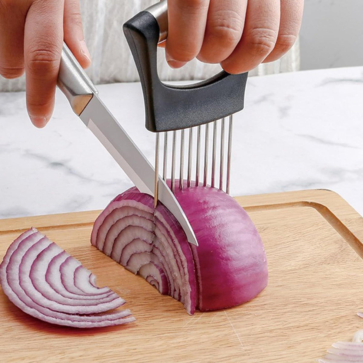 Stainless Steel Onion Slicer Holder, Onion Holder for Slicing & Onion Cutter, Tomato Slicer for Vegetables (Onions, Tomatoes, Potatoes, Avocados, Eggs), Kitchen Slicing Assistant Tool (A-1 PCS)