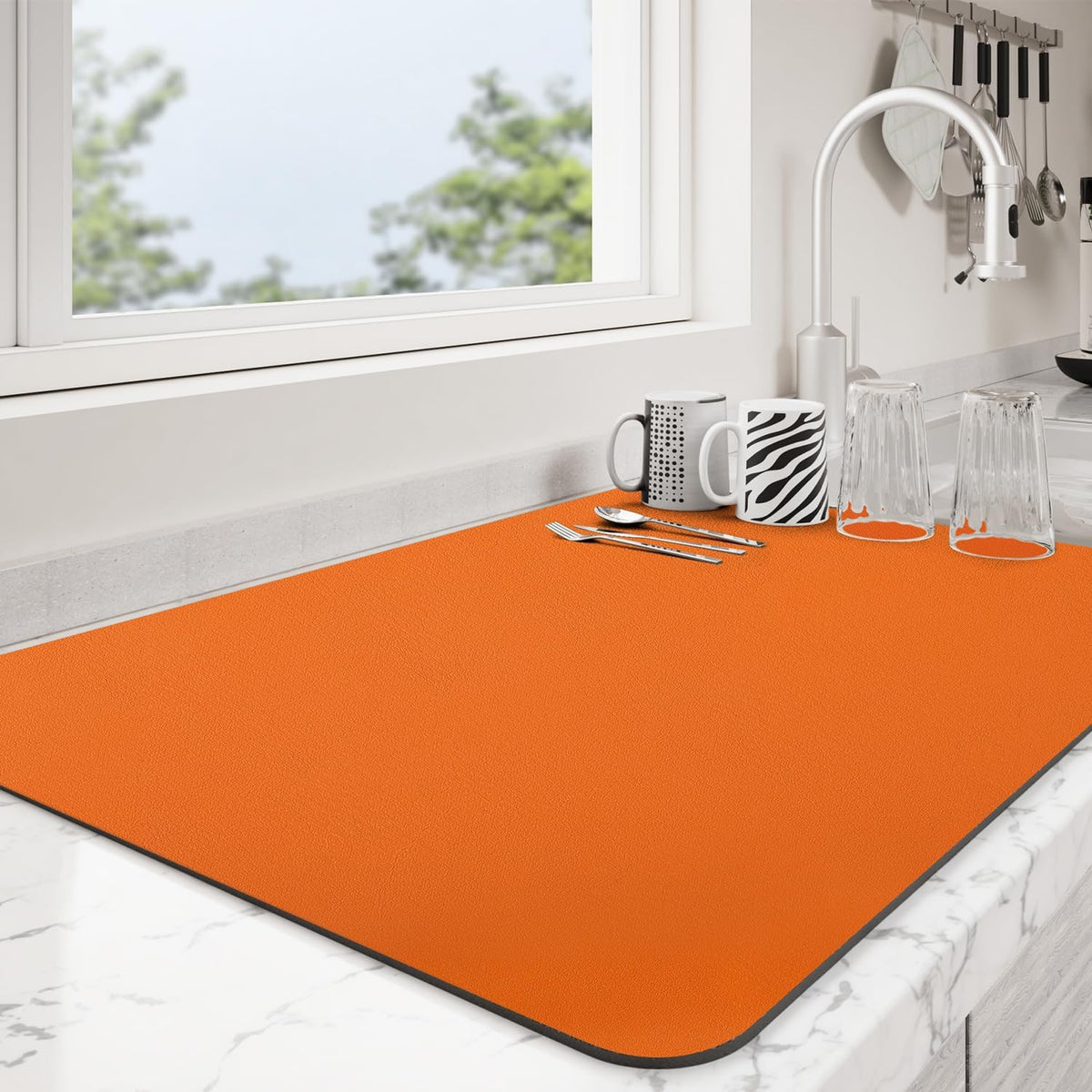 Dish Drying Mat for Kitchen Counter | Coffee Bar Mat for Countertops | Heat Resistant Drainer Mat with Non-slip Rubber Backed | Hide Stain Kitchen Absorbent Draining Mat | Orange 16"x24"