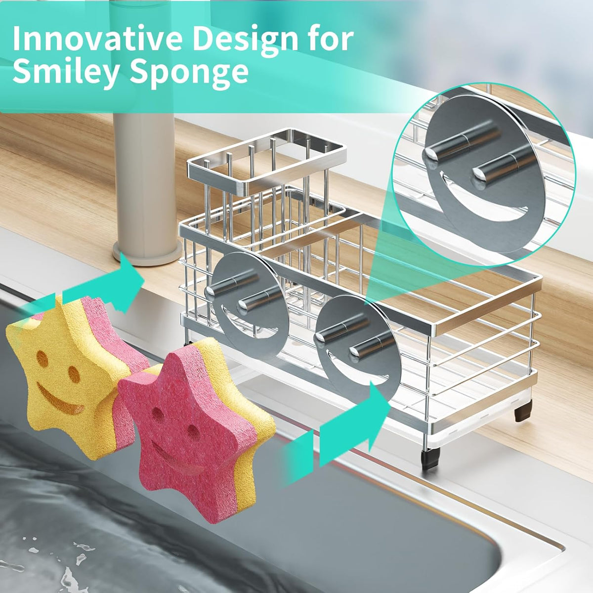 HapiRm Sink Caddy Sponge Holder - Self-draining Kitchen Sink Organizer with Smiley Face and Brush Holder, Stainless Steel Kitchen Sponge Caddy for Countertop - Silver