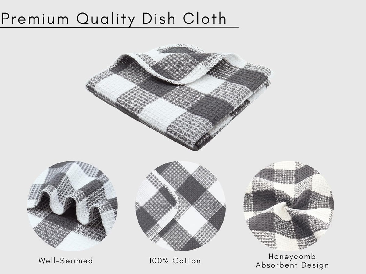 Waffle Weave Plaid Dish Cloths, 100% Cotton - 12 x 12 Inches, Ultra Soft Absorbent Quick Drying Dish Towels Buffalo Check Dish Rags for Kitchen, 8 Pack - Spring Summer - Steel Grey & White