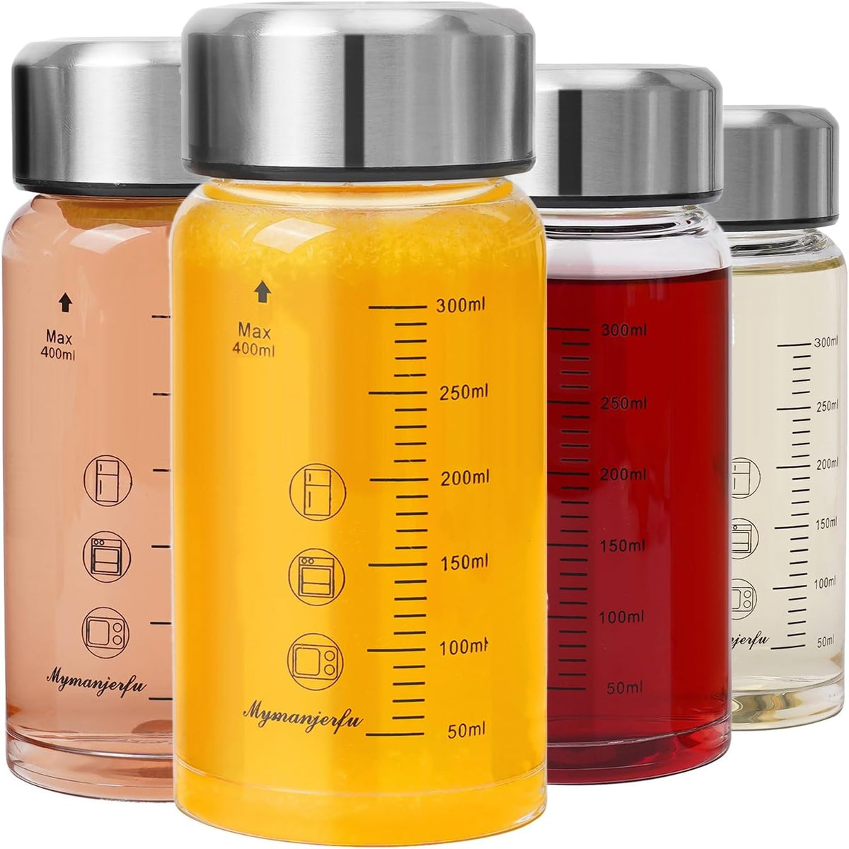 Glass Juice Bottles 4 Pack 12 oz - Wide Mouth Glass Water Bottles with Lids - for Juicing, Smoothies, Milk, Protein, BPA Free, Reusable, Stainless Steel Lids, Leak Proof, Shaker bottle (12oz/400ml)