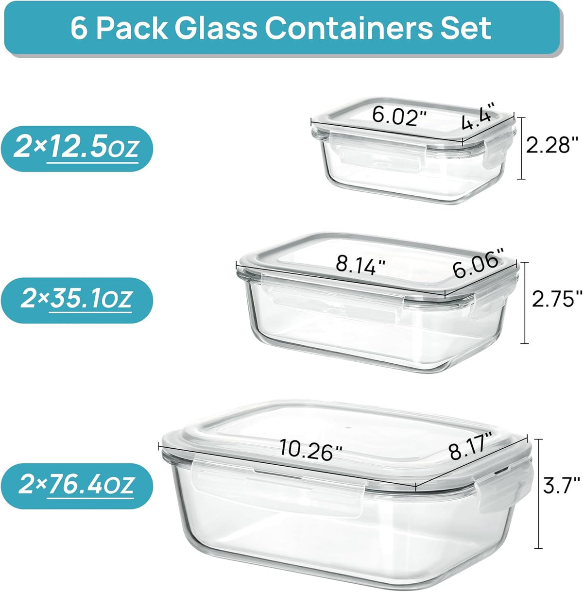 Vtopmart 2.26L/76oz Extra Large Glass Food Storage Containers with Lids, 6 pack Meal Prep Container Set, Airtight Lunch Boxes with Snap Locking Lids for Microwave, Oven, Freezer, Dishwasher