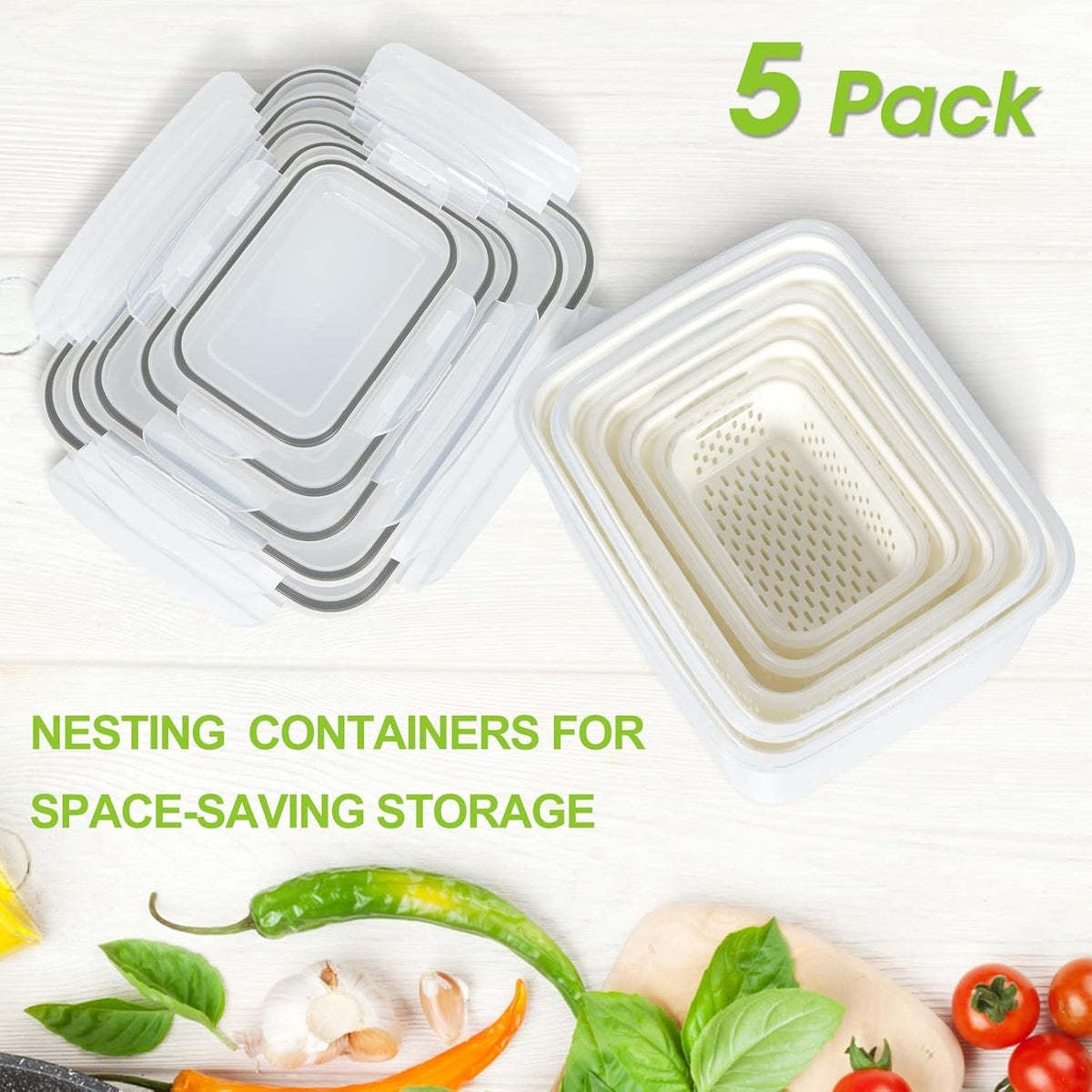 5 Pack Fruit Storage Containers for Fridge, Produce Saver Vegetable Container with Drain Colanders - Refrigerator Organizer for Lettuce Keepers Berry Container